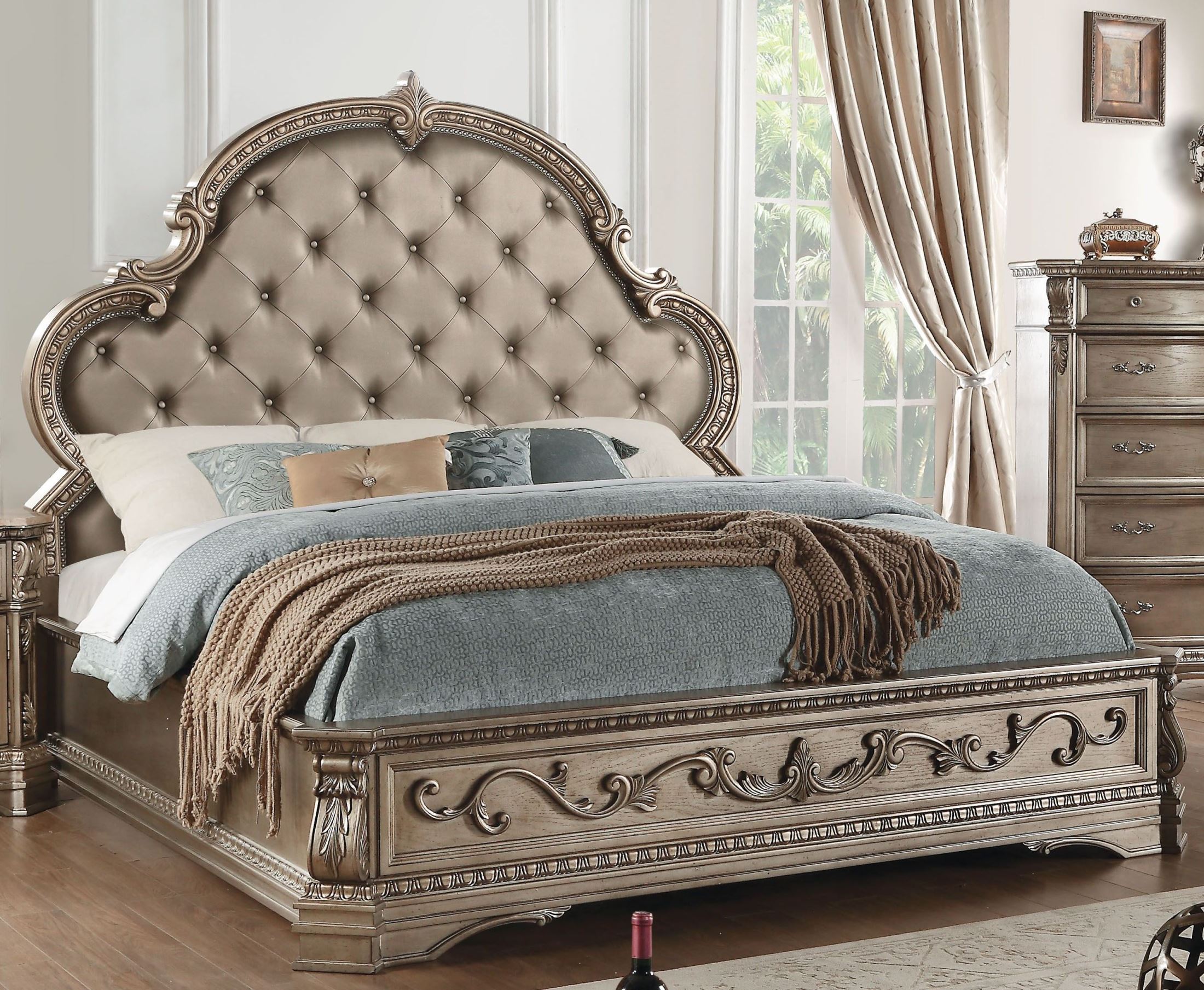 Northville Antique Silver Upholstered Platform Bedroom Set 1stopbedrooms
