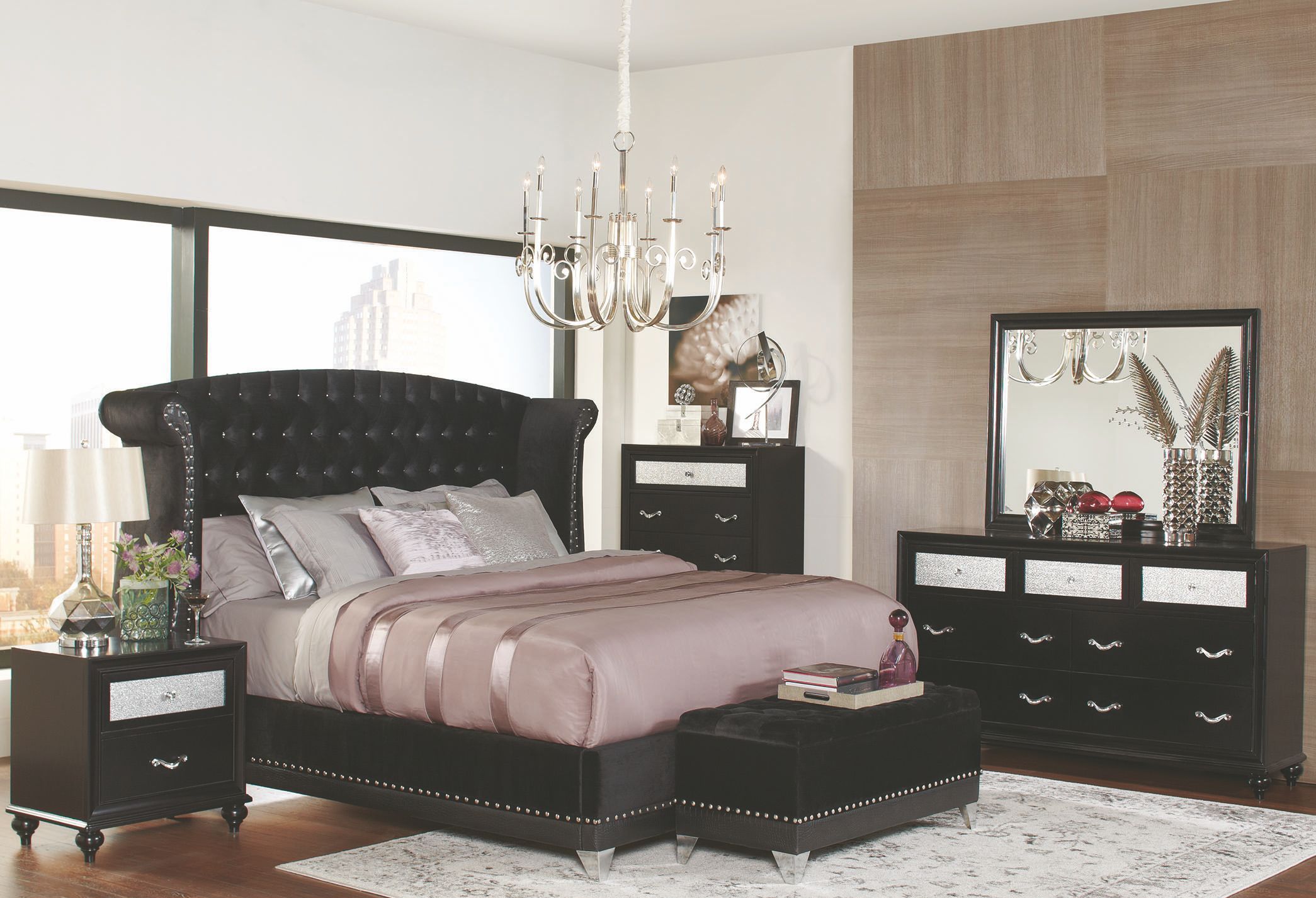 Barzini Black Upholstered Platform Bedroom Set
