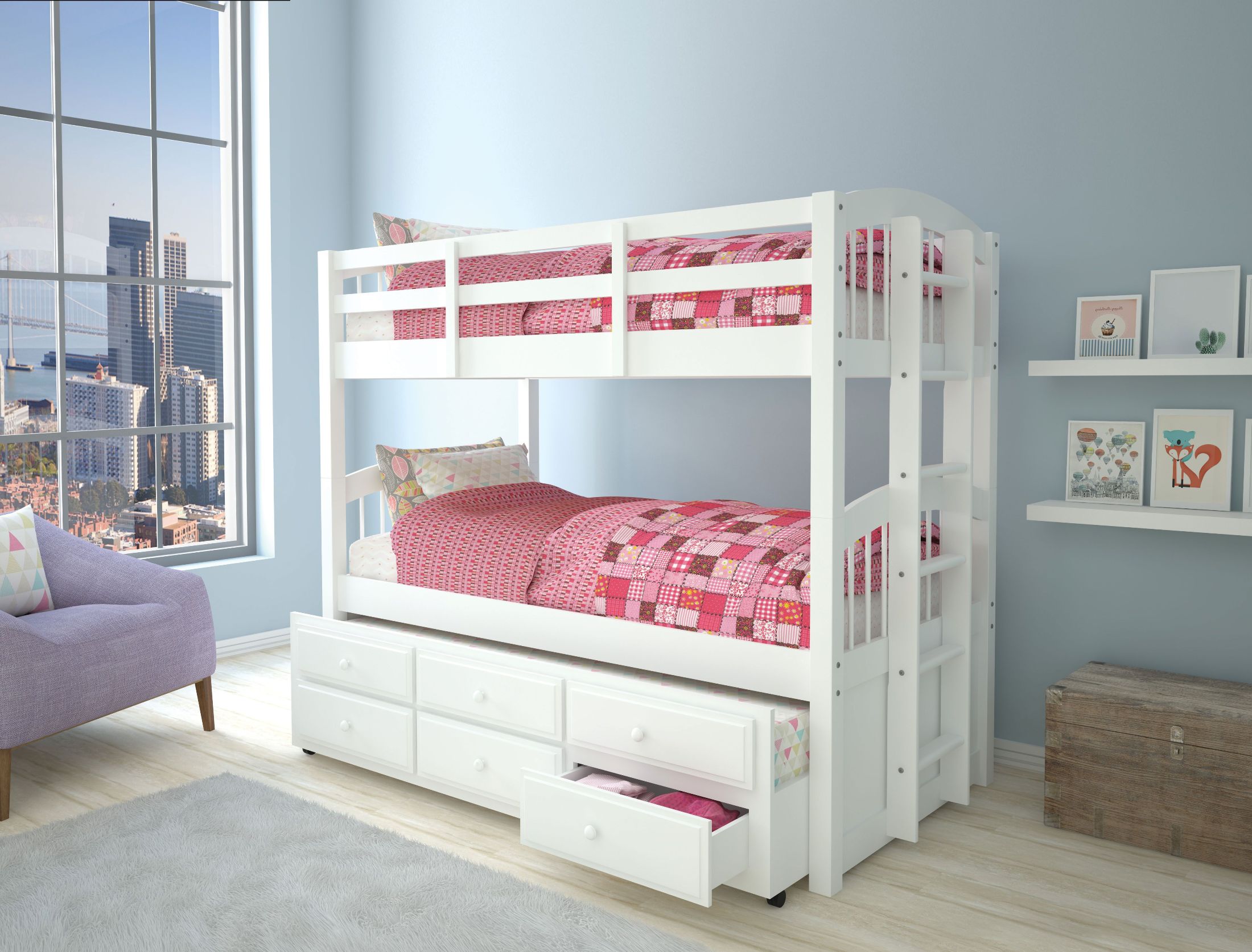 Micah White Twin Over Twin Bunk Bed with Drawer Trundle 1StopBedrooms.