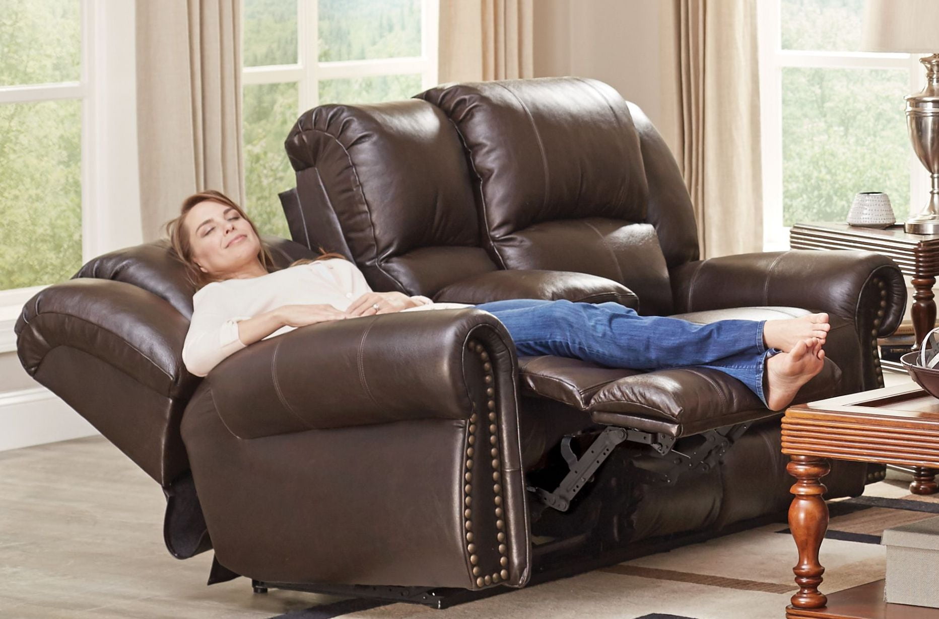 Messina Chocolate Leather Lay Flat Power Reclining Console