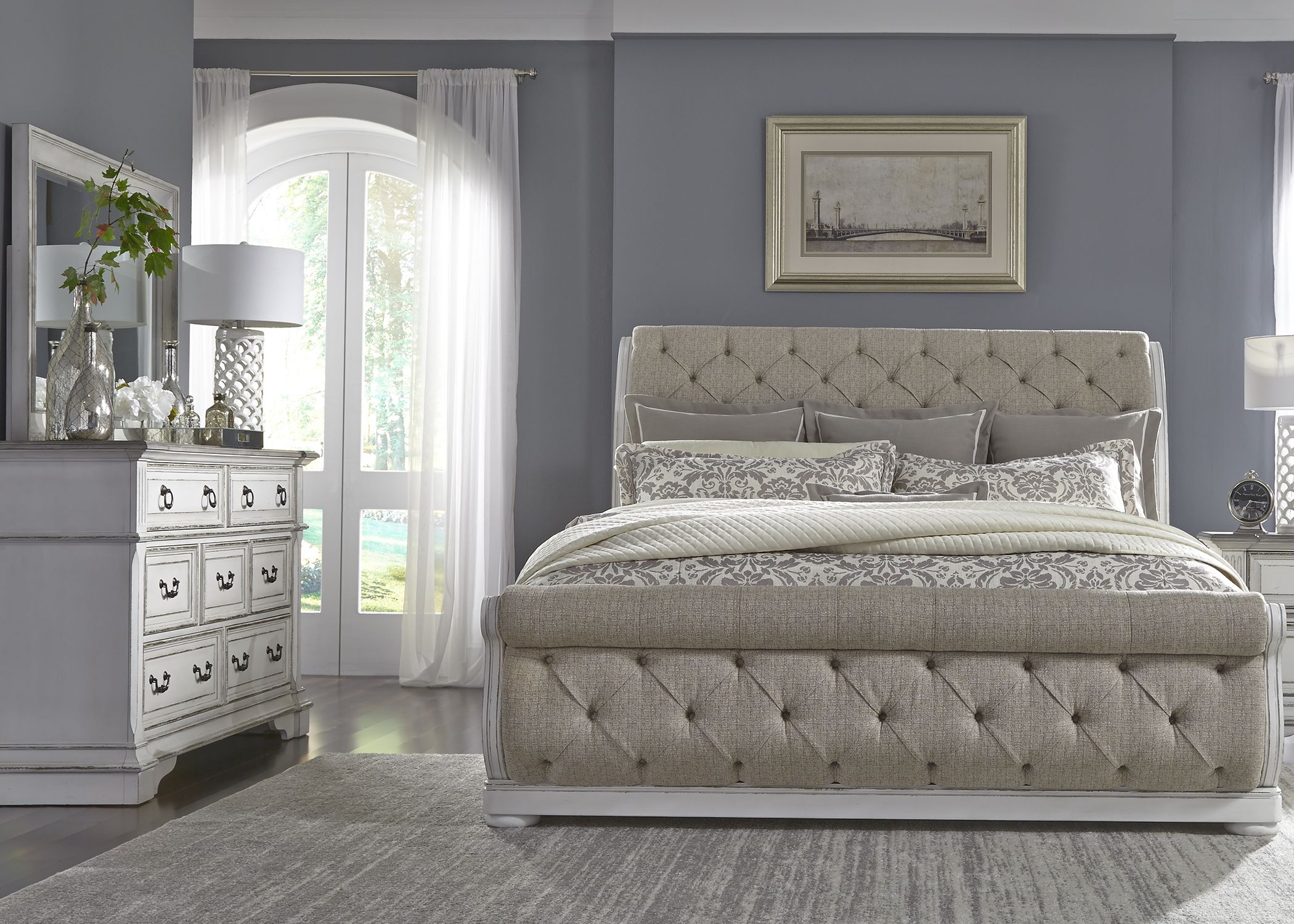 Abbey Park Antique White Upholstered Sleigh Bedroom Set - 1StopBedrooms.