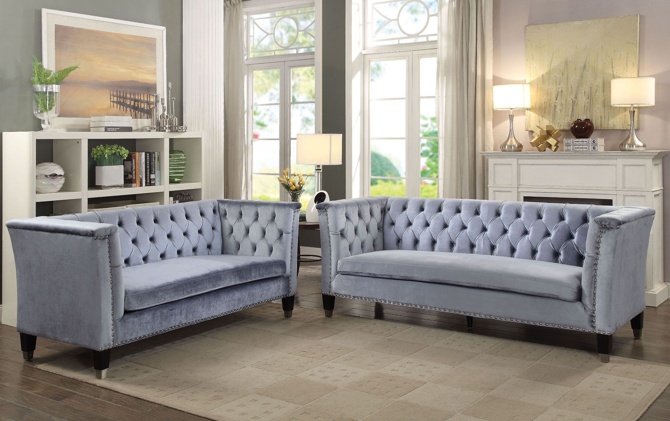 Honor Blue Gray Velvet  Living  Room  Set  1StopBedrooms 