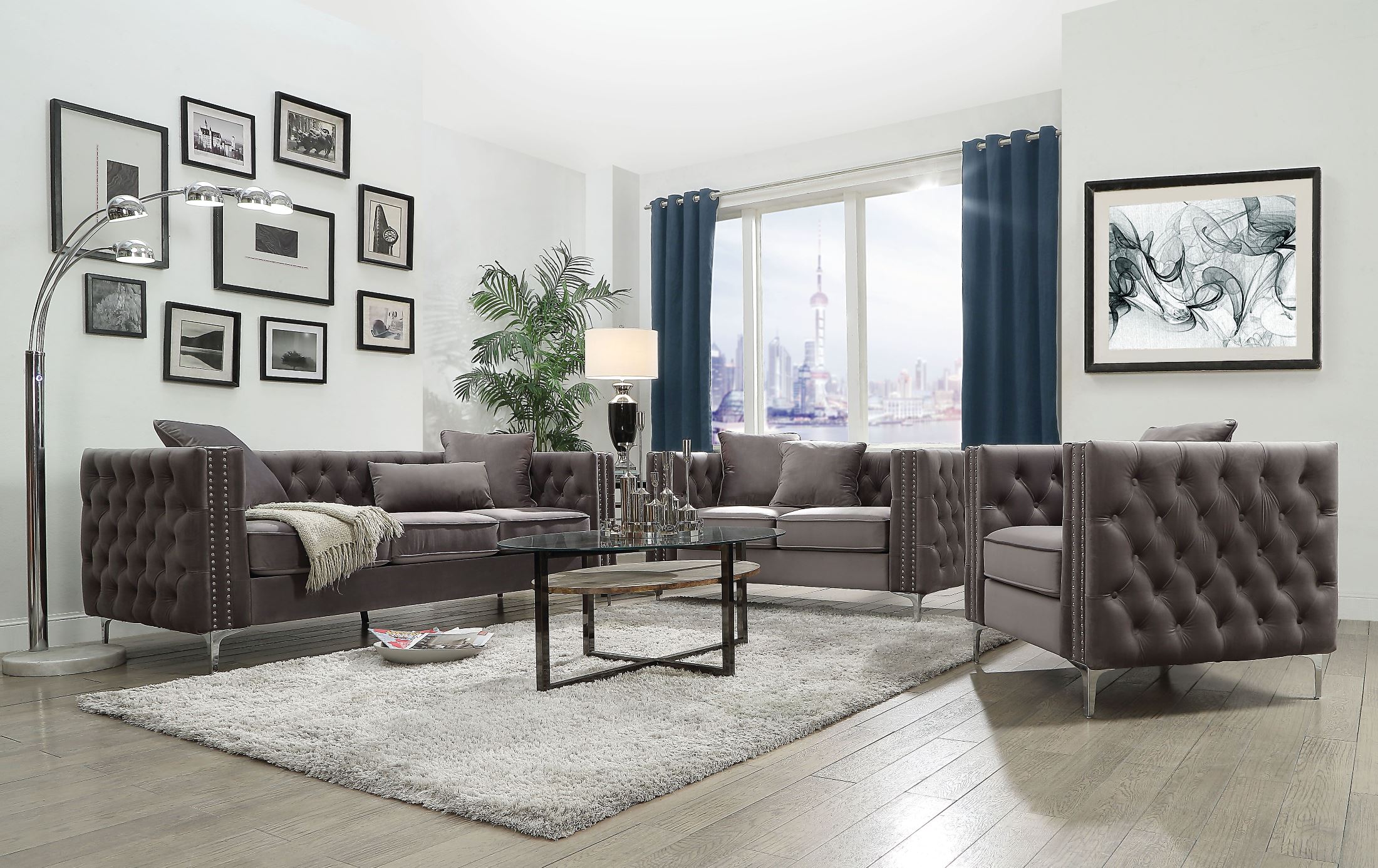 Gillian II Dark Gray Velvet  Living  Room  Set  1StopBedrooms 