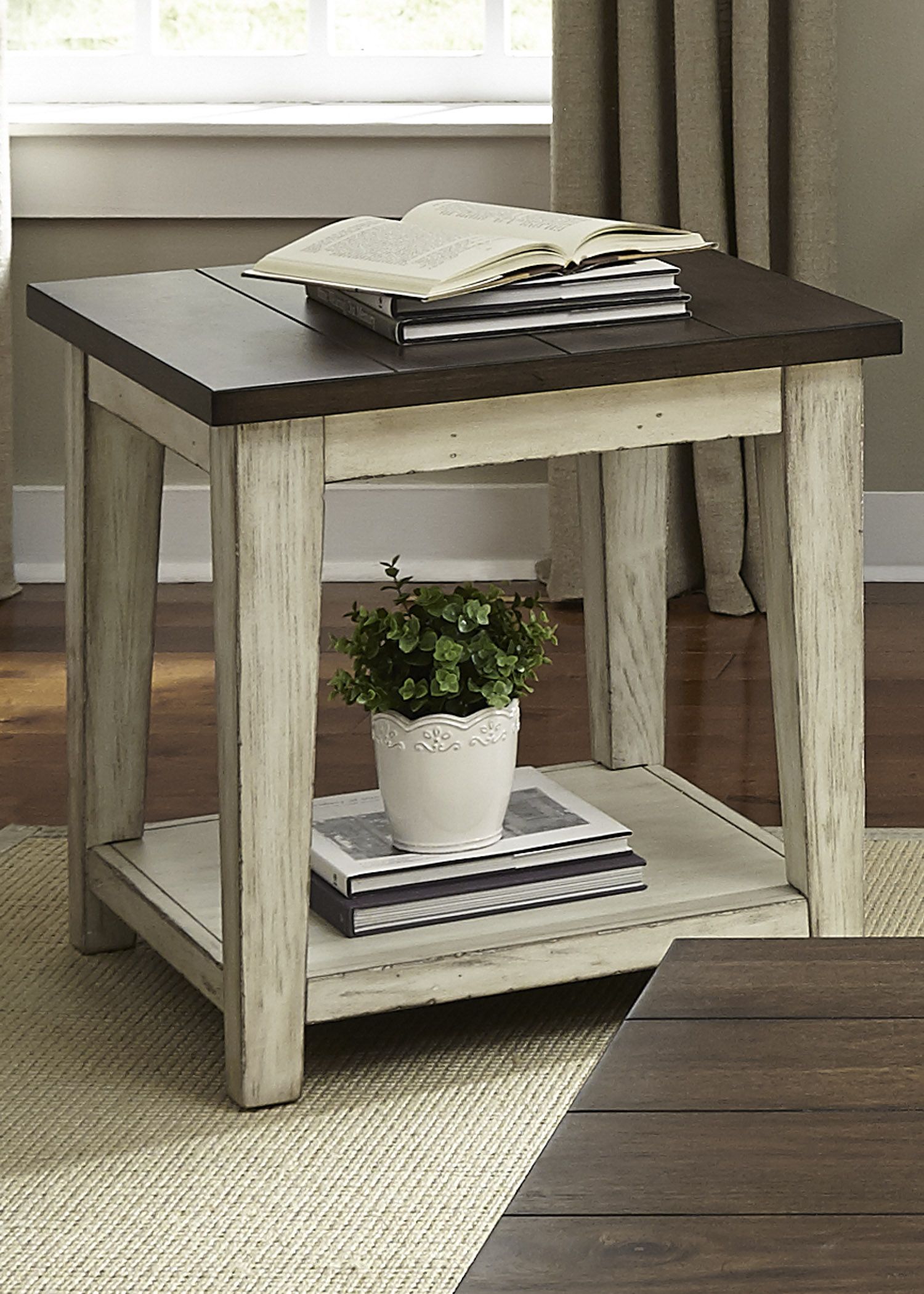 Saddlebrook Antique White End Table 1stopbedrooms Wooden table on defocuced window with curtain background. saddlebrook antique white end table