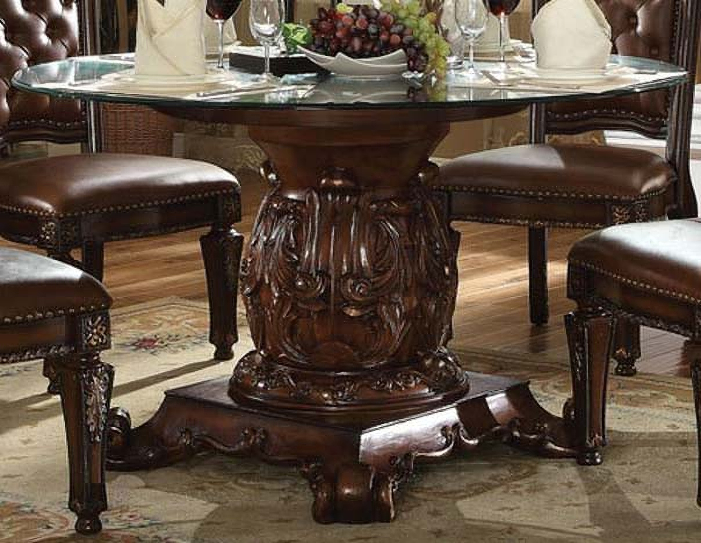 Acme Vendome Single Pedestal Dining Table With 54 D Tempered Glass Top In Cherry 62010 1stopbedrooms