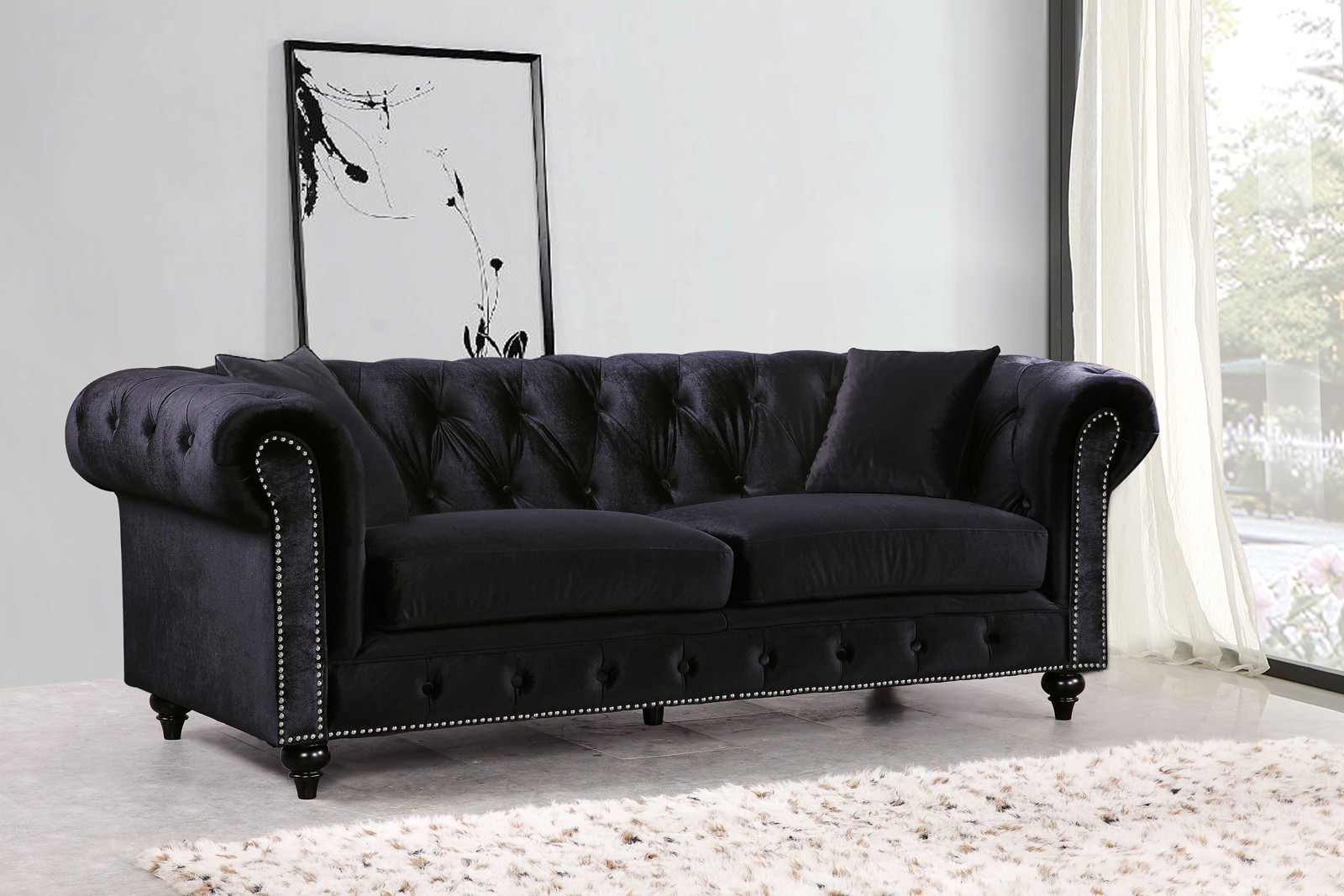 Meridian Chesterfield Velvet Sofa in Black 662BL-S - 1StopBedrooms.