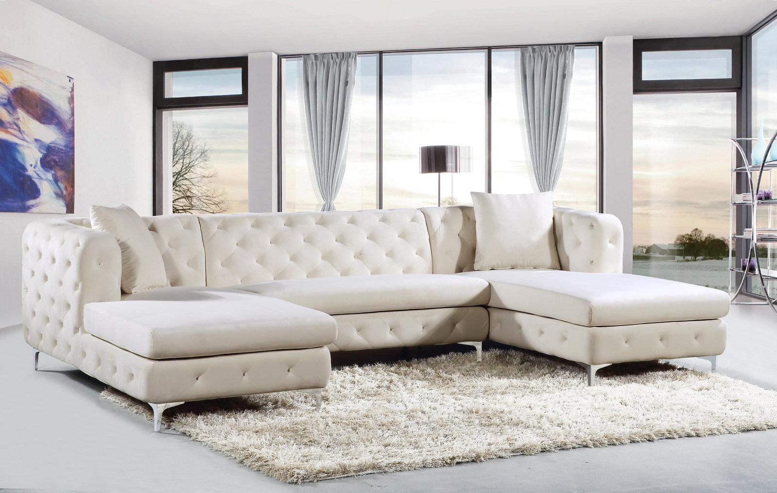 Meridian Gail Velvet 3pc Sectional in Cream 664CreamSectional