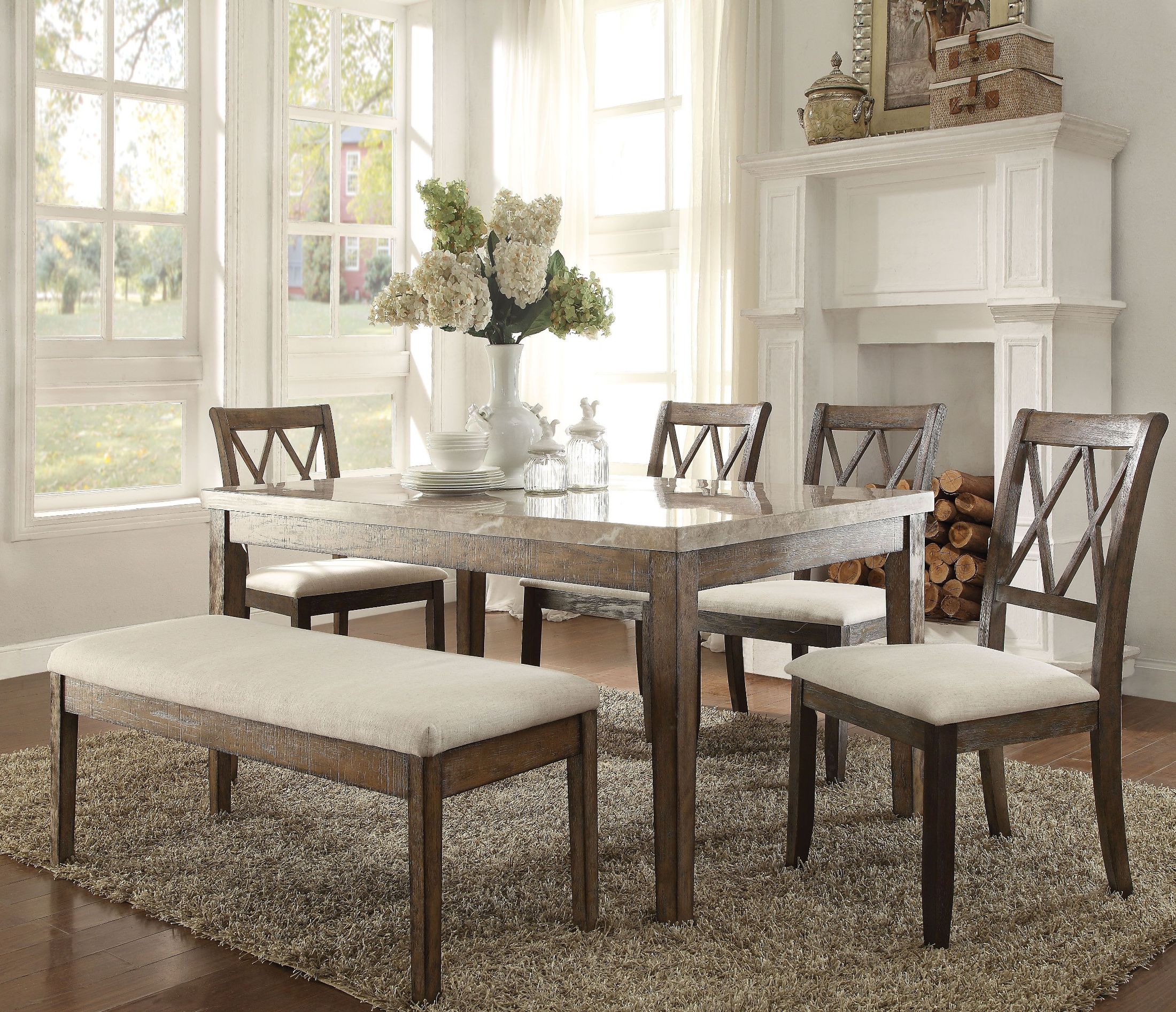 Claudia White Marble And Salvage Brown Dining Room Set
