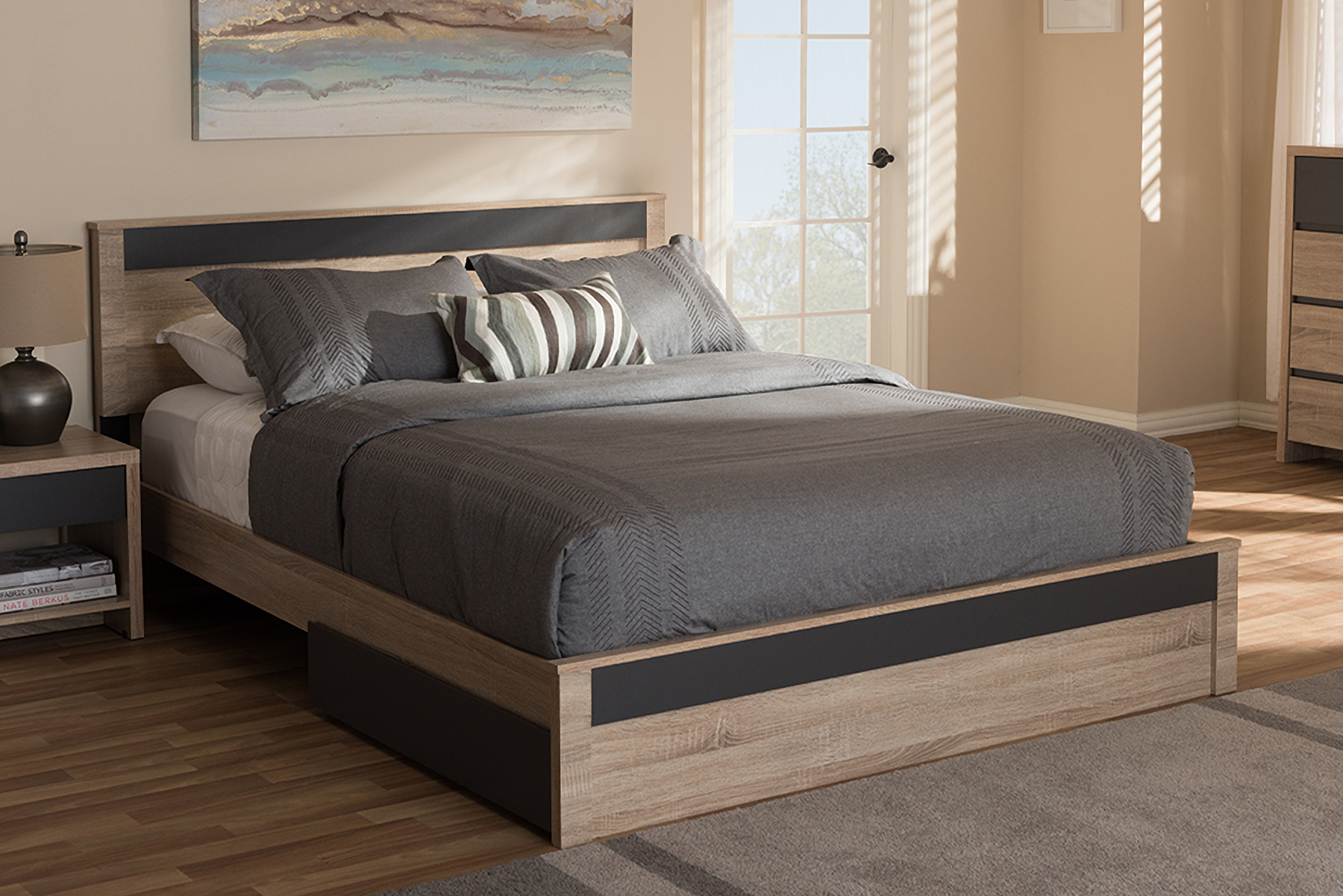Baxton Studio Jamie Modern And Contemporary Two Tone Oak And Grey Wood Queen 2 Drawer Queen Size Storage Platform Bed
