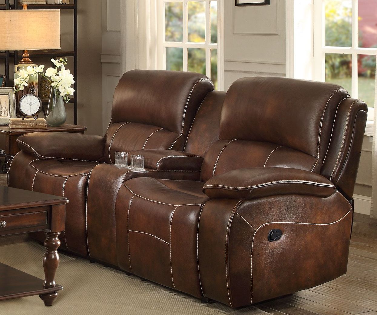 Mahala Brown Double Reclining Console Loveseat 1stopbedrooms