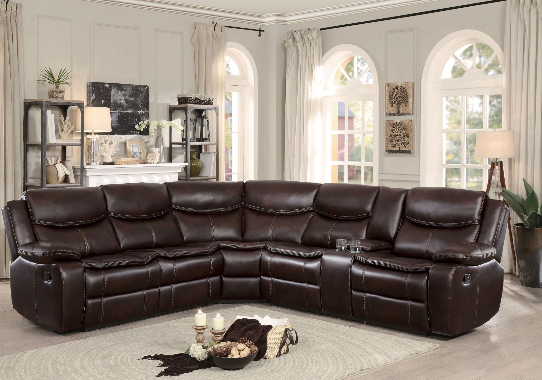 Bastrop Brown Leather Reclining, Brown Leather Sectional With Recliners