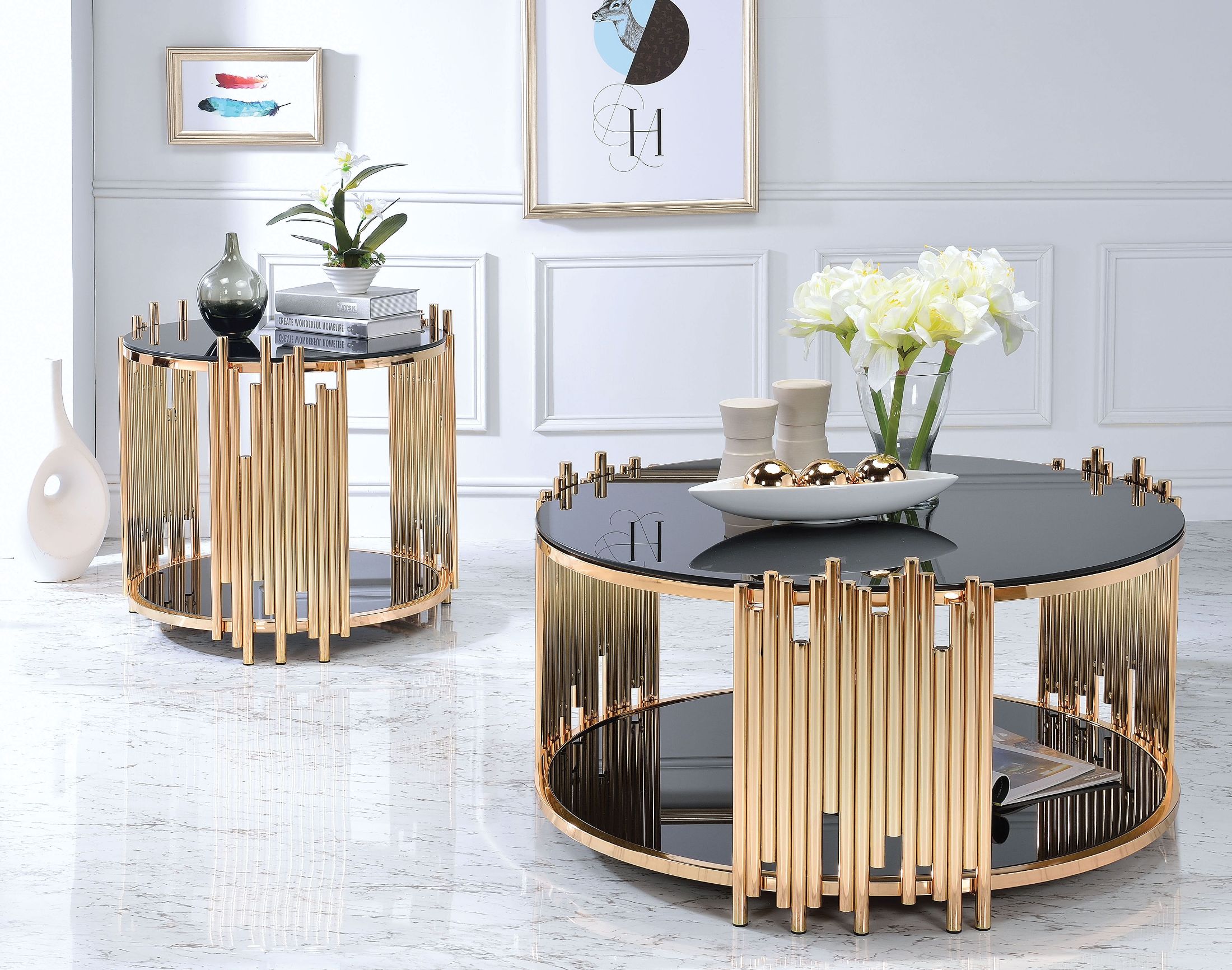 Tanquin Gold and Black Glass Occasional Table Set ...