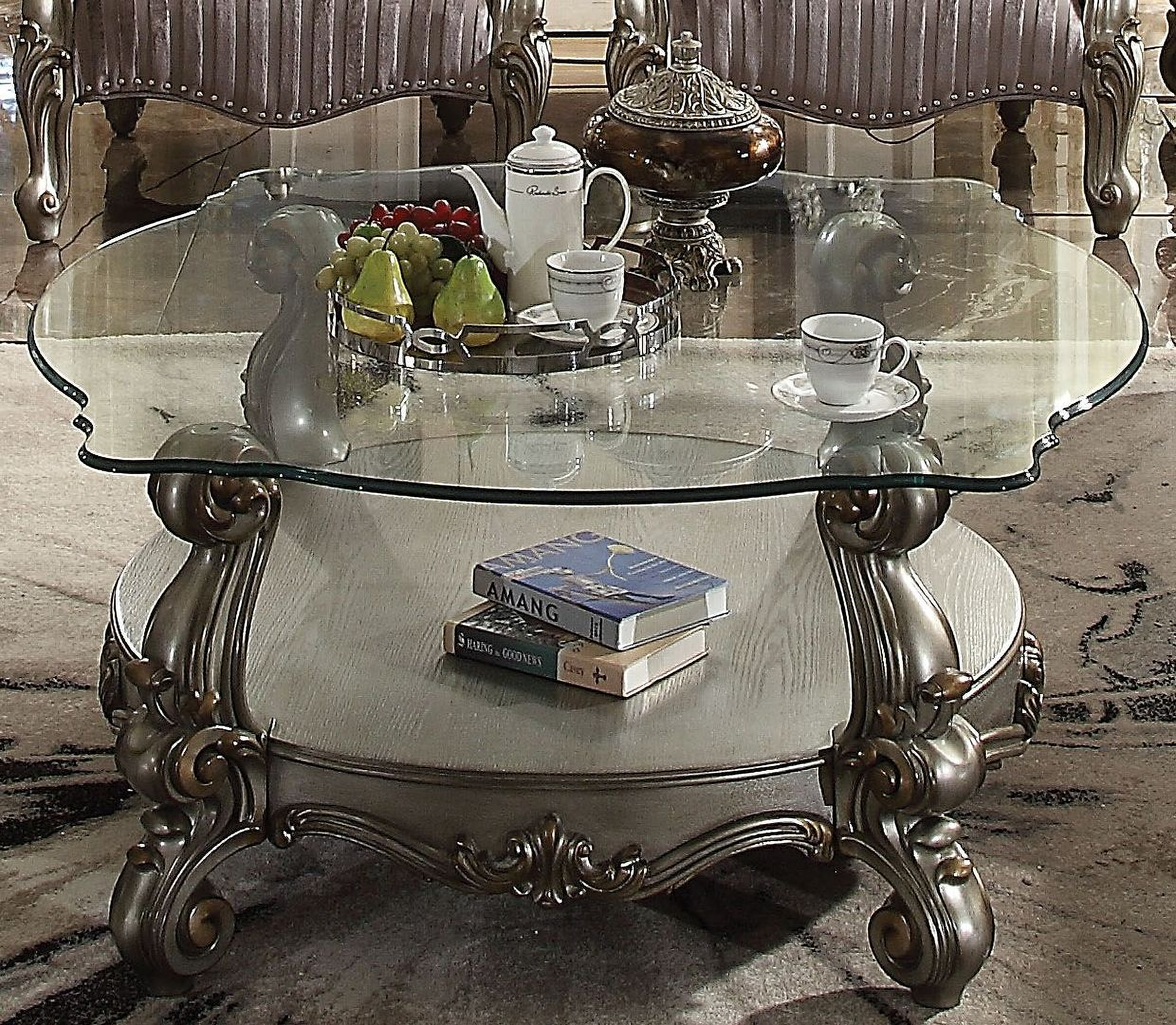 Versailles Antique Platinum and Clear Glass Coffee Table 1StopBedrooms.