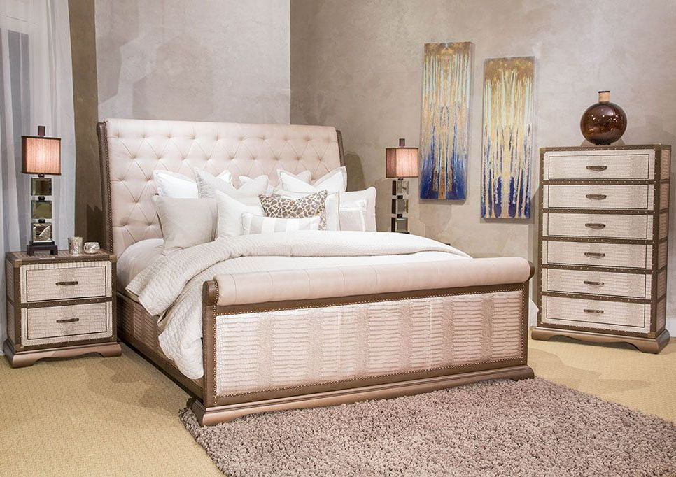 Aico Valise Tan Gator Upholstered Sleigh Bedroom Set Valise Tan Gator Upholstered Sleigh Bedroom Set Media Gallery