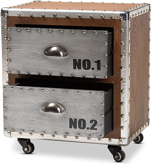 Baxton Studio Avere French Industrial Brown Wood And Silver Metal 2 Drawer Rolling Nightstand 1stopbedrooms