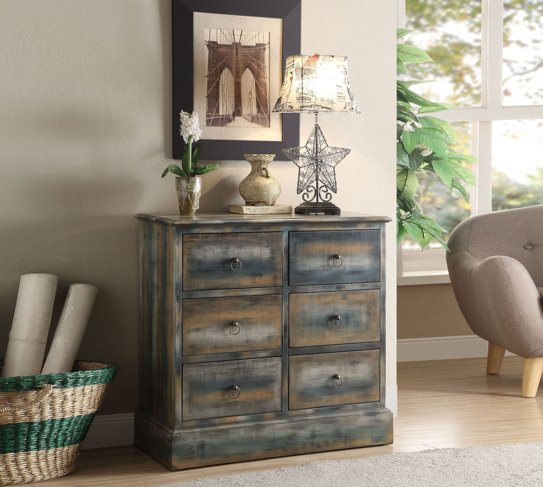 Glancio Antique Oak And Teal 6 Drawer Console Table 1stopbedrooms