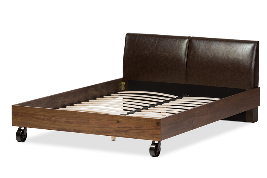 Baxton Studio Brooke Rustic Industrial Walnut Wood Distressed Faux Leather Dark Bronze Metal King Size Platform Bed 1stopbedrooms