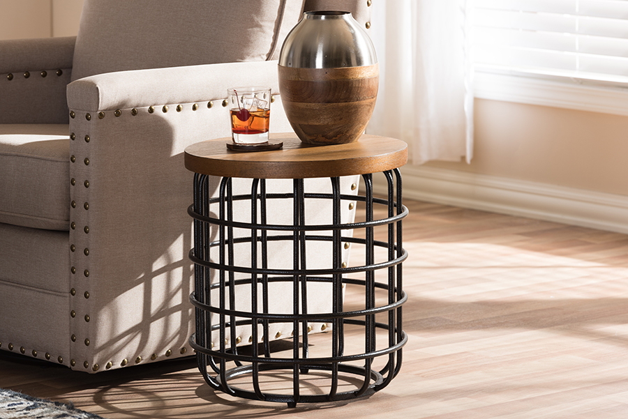 Baxton Studio Carie Rustic Industrial Style Antique Black Textured Finished Metal Distressed Wood Accent Table 1stopbedrooms