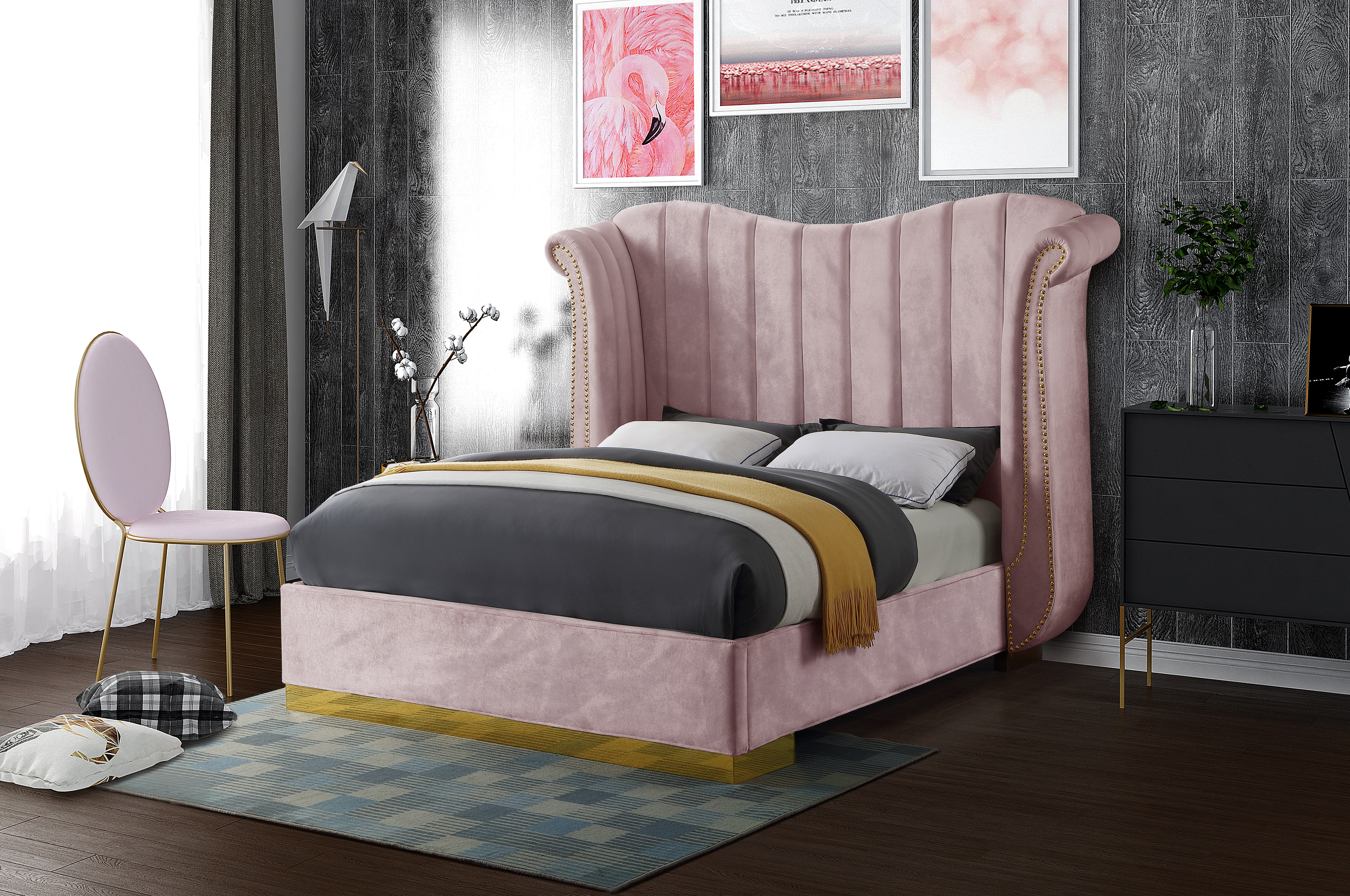 Meridian Furniture Flora Velvet Queen Bed in Pink FloraPink-Q