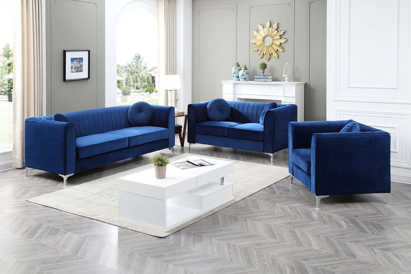 Delray Living Room Set Navy Blue By Glory