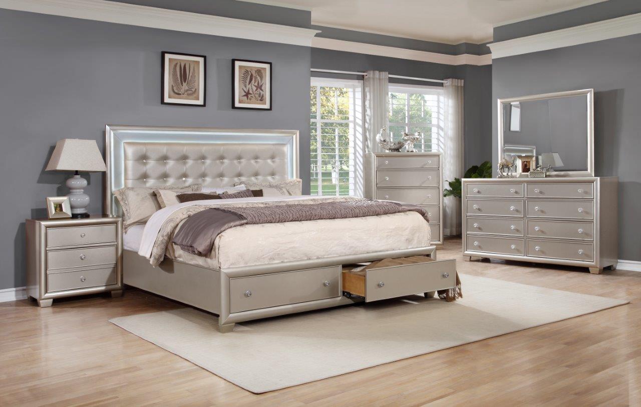 Mariano Storage King Bed With Led And Faux Leather Headboard