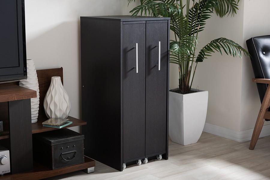 Baxton Studio Lindo Dark Brown Wood, Baxton Studio Lindo Bookcase And Dual Pull Out Shelving Cabinet