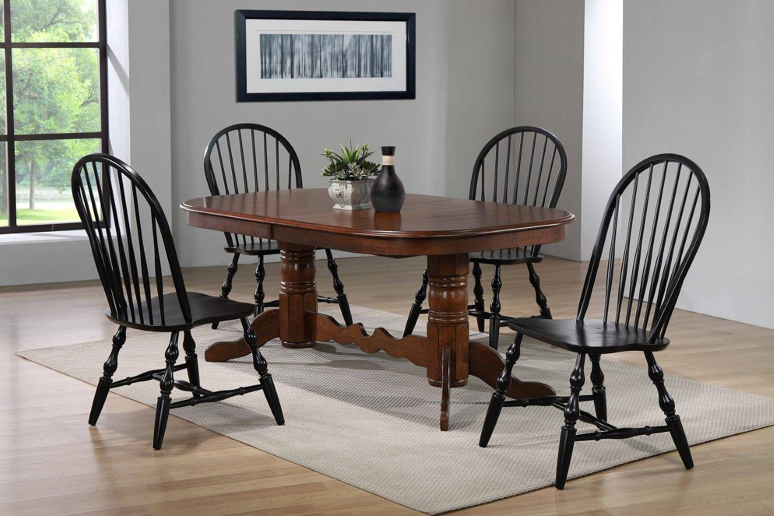 Andrews Antique Black Windsor Chairs 5 Piece Double Pedestal Dining Set ...