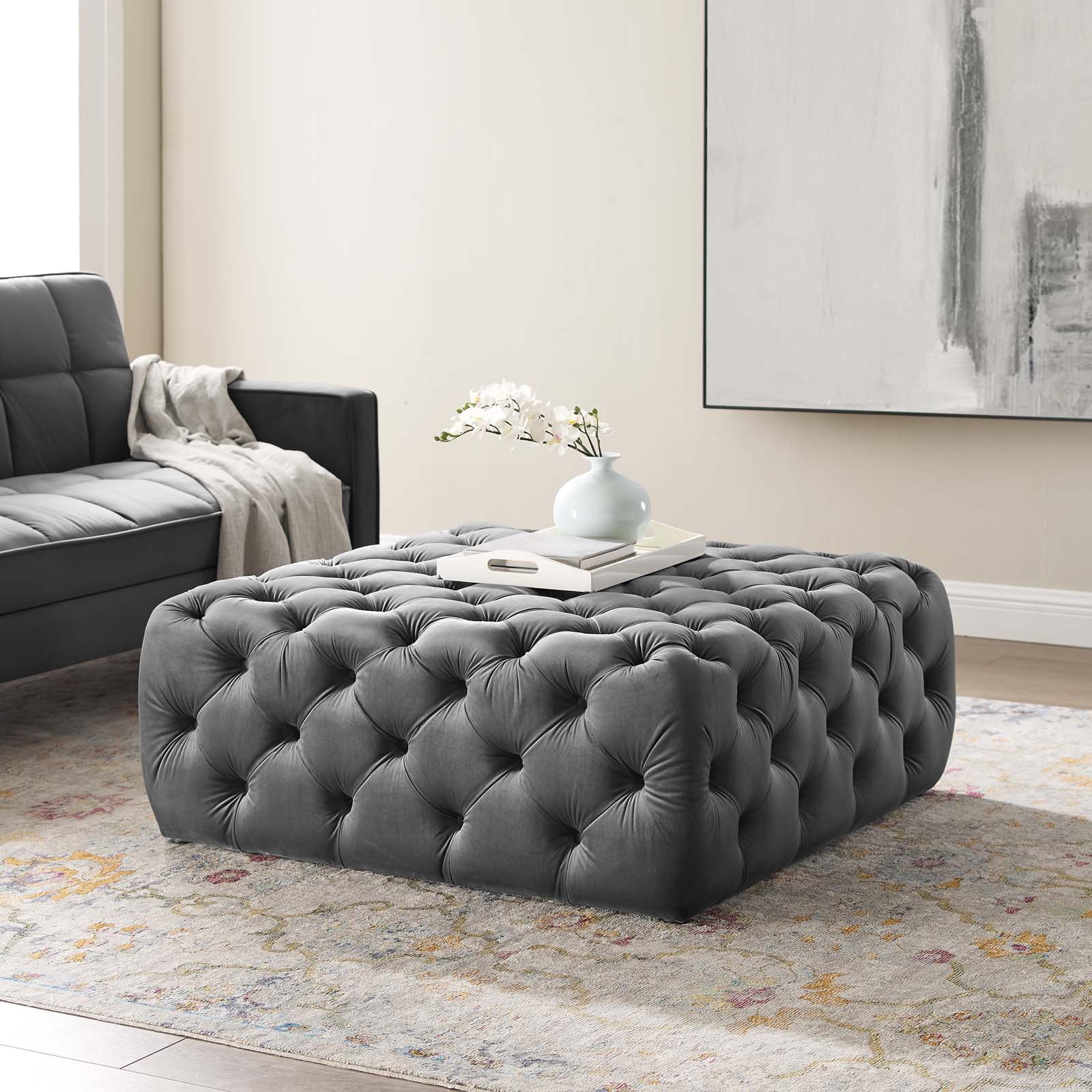 Anthem Gray Tufted Button Large Square Performance Velvet Ottoman EEI