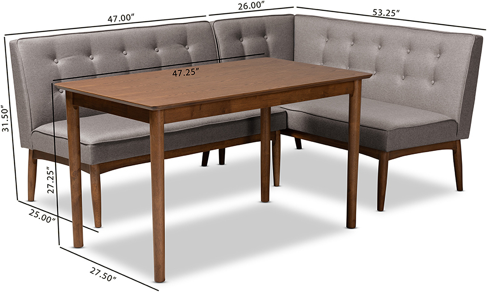 Arvid Mid Century Modern Gray Fabric Upholstered 3 Piece Wood Dining Nook Set 1stopbedrooms