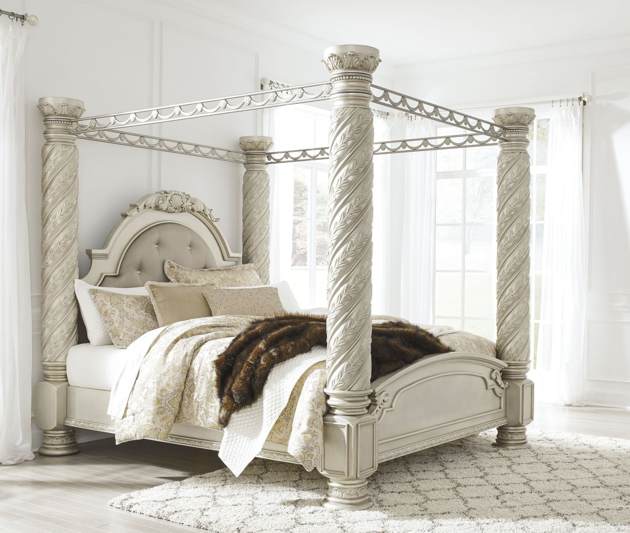 Cassimore North Shore Pearl Silver Upholstered Poster Canopy Bedroom Set 1stopbedrooms