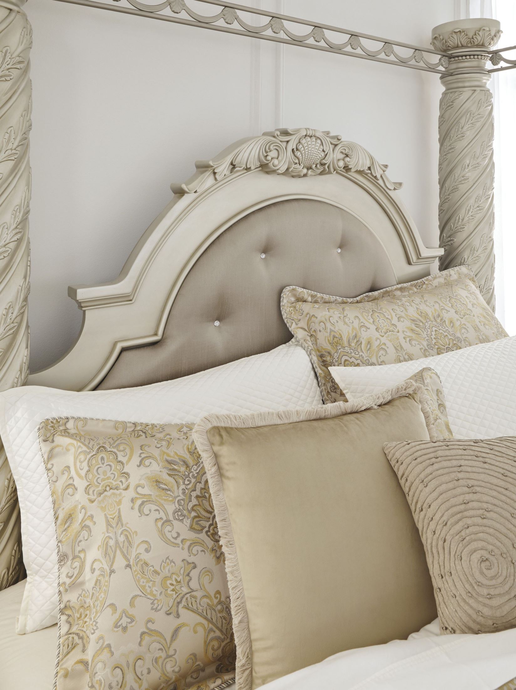 Cassimore North Shore Pearl Silver Upholstered Poster Canopy Bedroom Set 1stopbedrooms