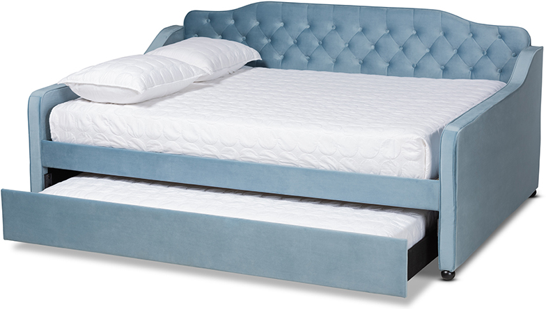 Baxton Studio Freda Transitional And Contemporary Light Blue Velvet Fabric Upholstered And Button Tufted Queen Size Daybed With Trundle 1stopbedrooms