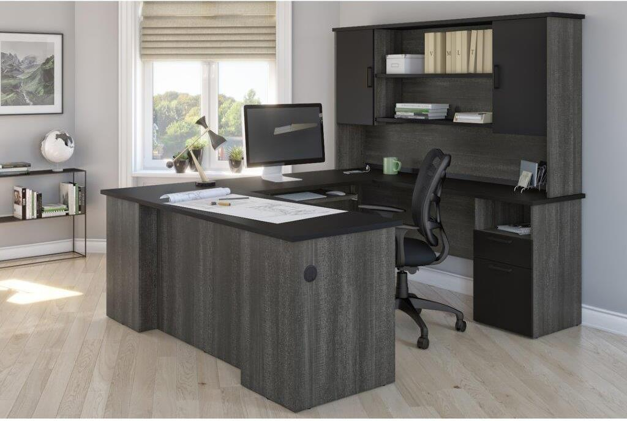 Bestar Norma Ushaped Desk with Hutch Black and Bark Gray