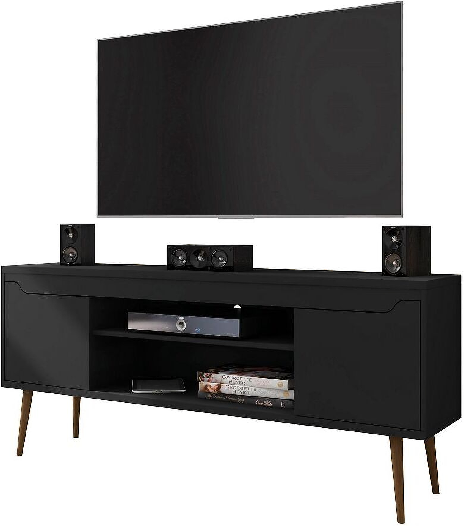 Bradley 62 99 Tv Stand Black With 2 Media Shelves And 2 Storage Shelves In Black With Solid Wood Legs 1stopbedrooms A minimalist tv stand with a wood panel that will help keep any room stylish and organized. 1stopbedrooms