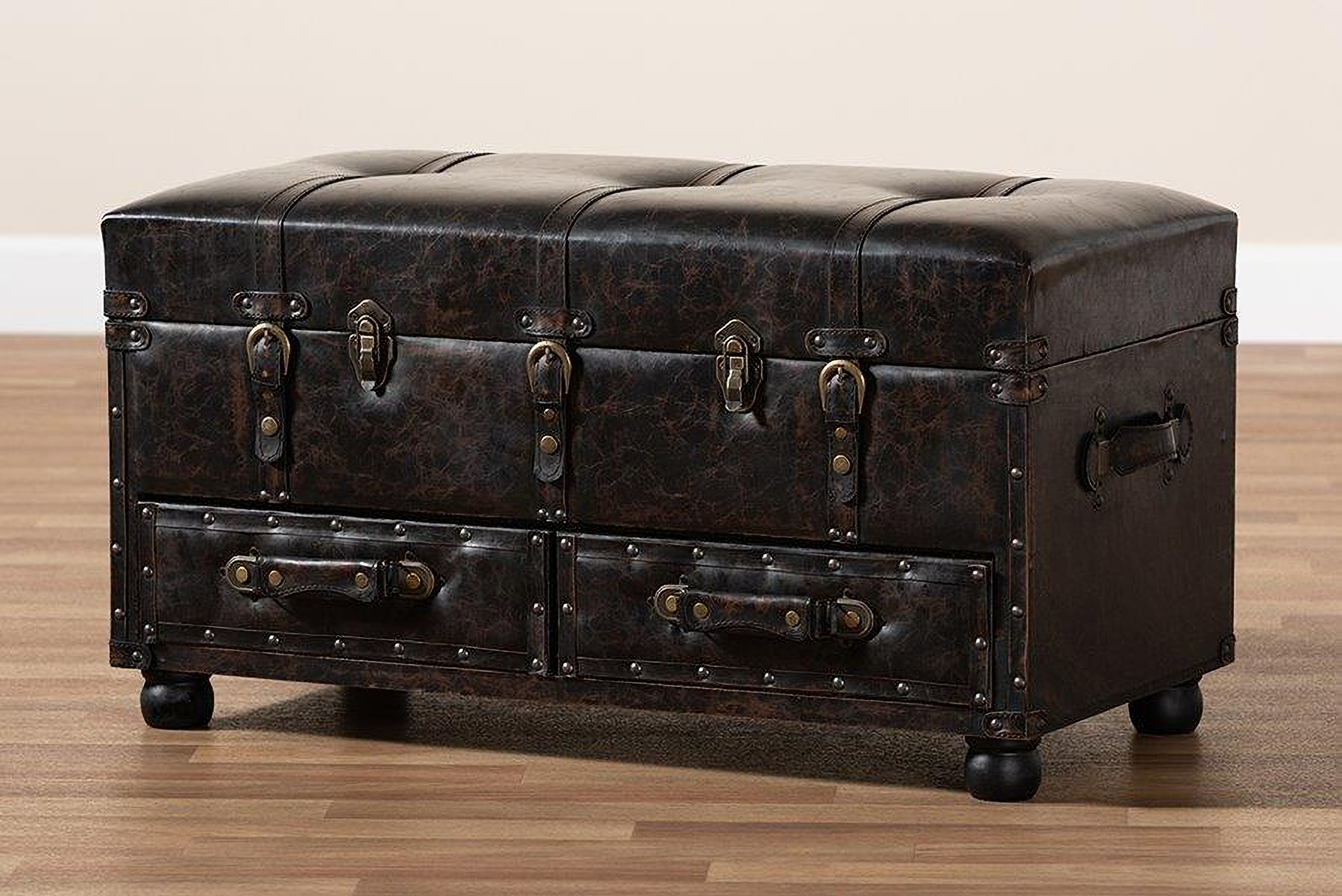 Callum Modern Transitional Distressed Dark Brown Faux Leather Upholstered 2 Drawer Storage Trunk Ottoman 1stopbedrooms