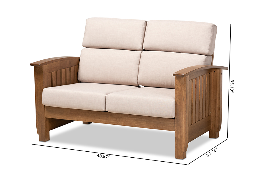Charlotte Modern Classic Mission Style Taupe Fabric Upholstered Walnut Brown Finished Wood 2 Seater Loveseat 1stopbedrooms