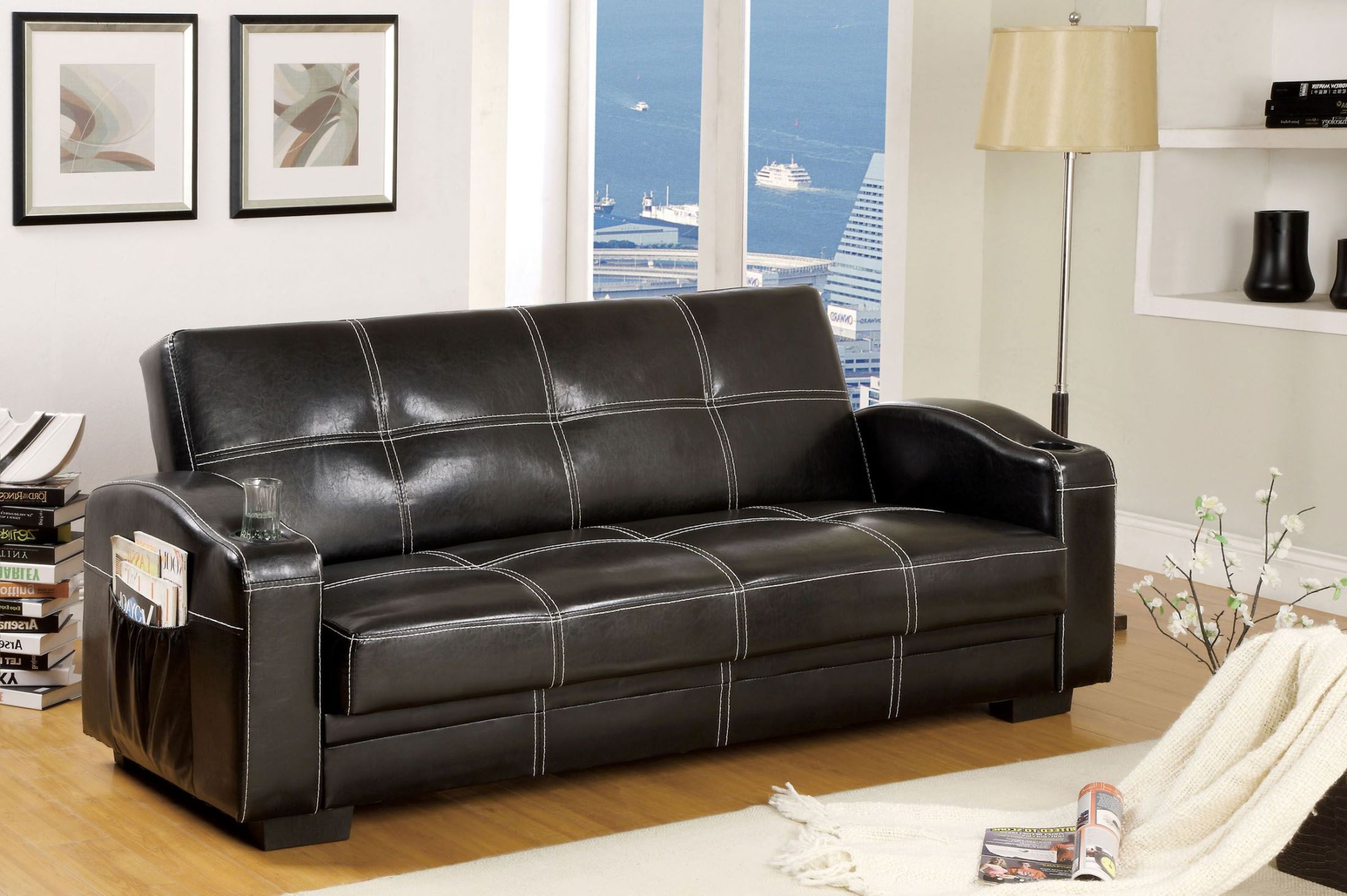 Colona Black Leatherette Storage Futon Sofa