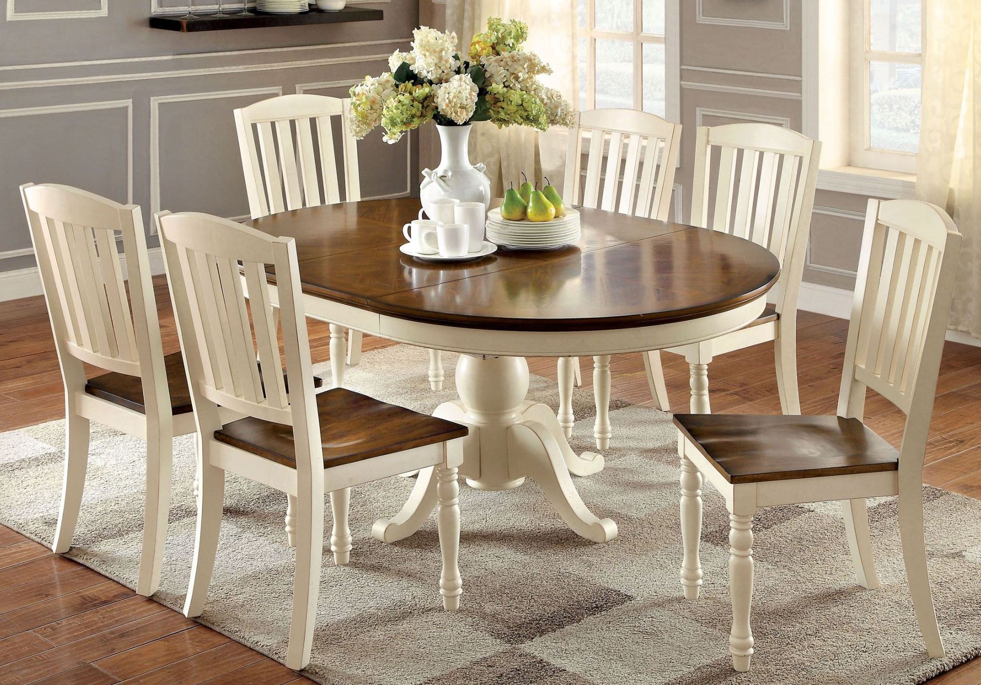 Harrisburg Vintage White And Dark Oak Oval Extendable Dining Room Set