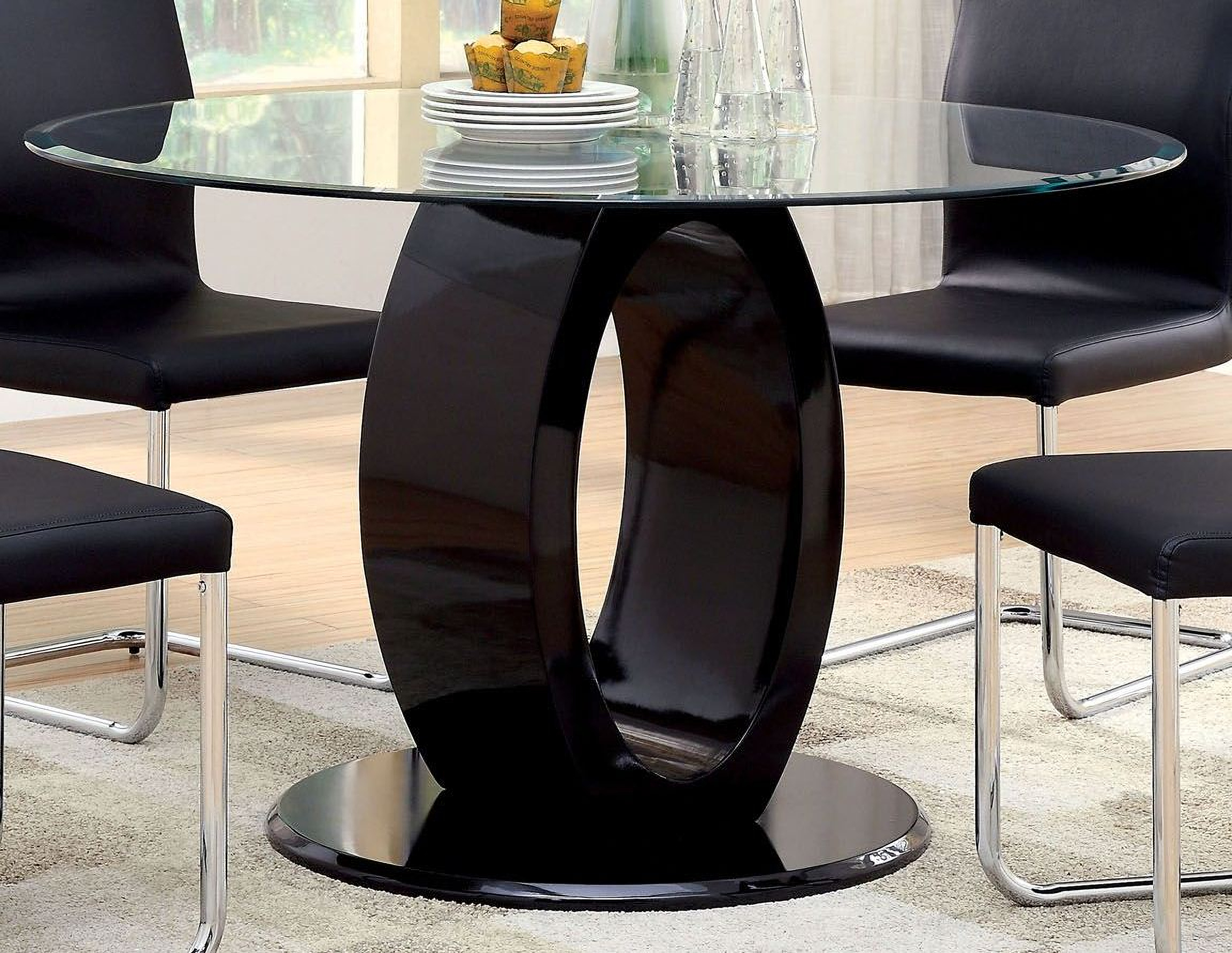 Lodia I Black Glass Top Round Pedestal Dining Room Set 1stopbedrooms