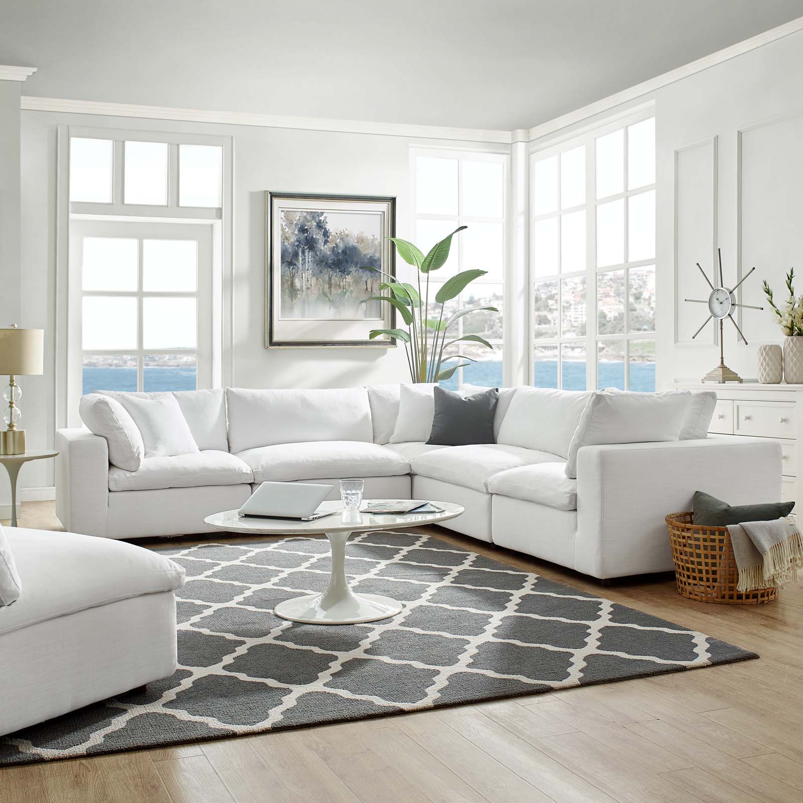 Commix White Down Filled Overstuffed 5 Piece Sectional Sofa Set EEI