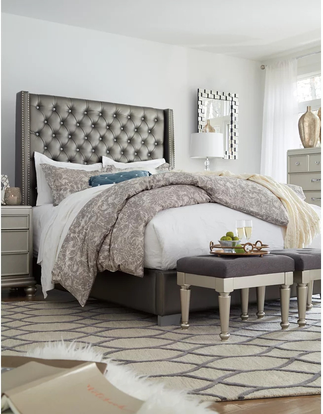 Coralayne Gray Textured Queen Upholstered Panel Bed - 1StopBedrooms.