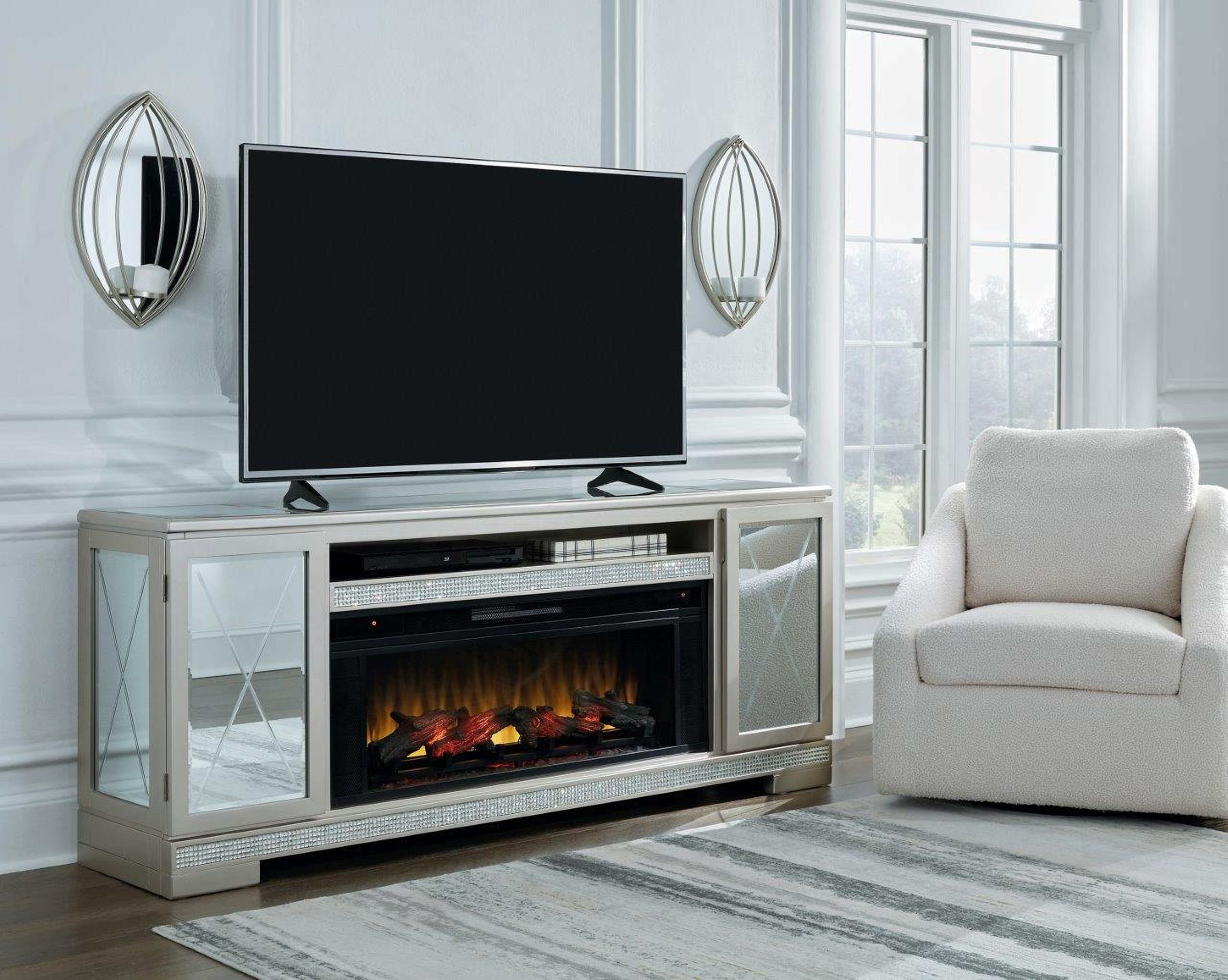 Flamory Silver 72 Inch TV Stand with Electric Fireplace - 1StopBedrooms.