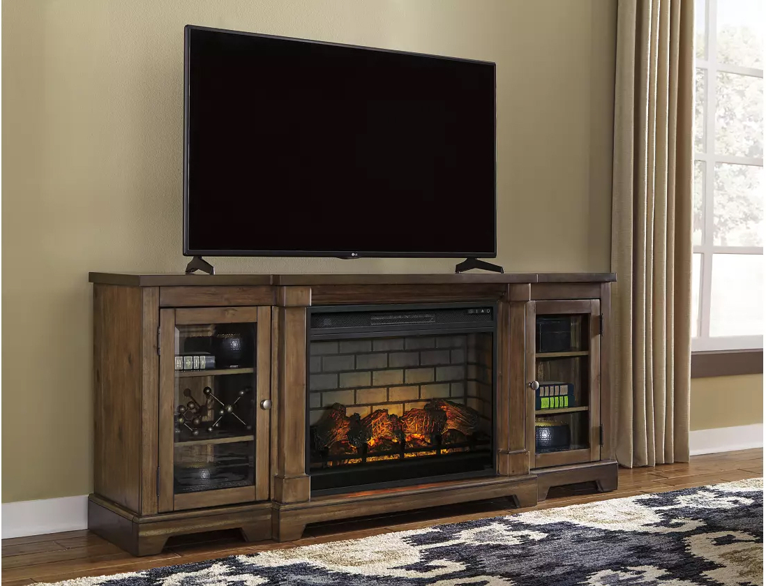 Flynnter Medium Brown 75" TV Stand with Electric Fireplace - 1StopBedrooms.