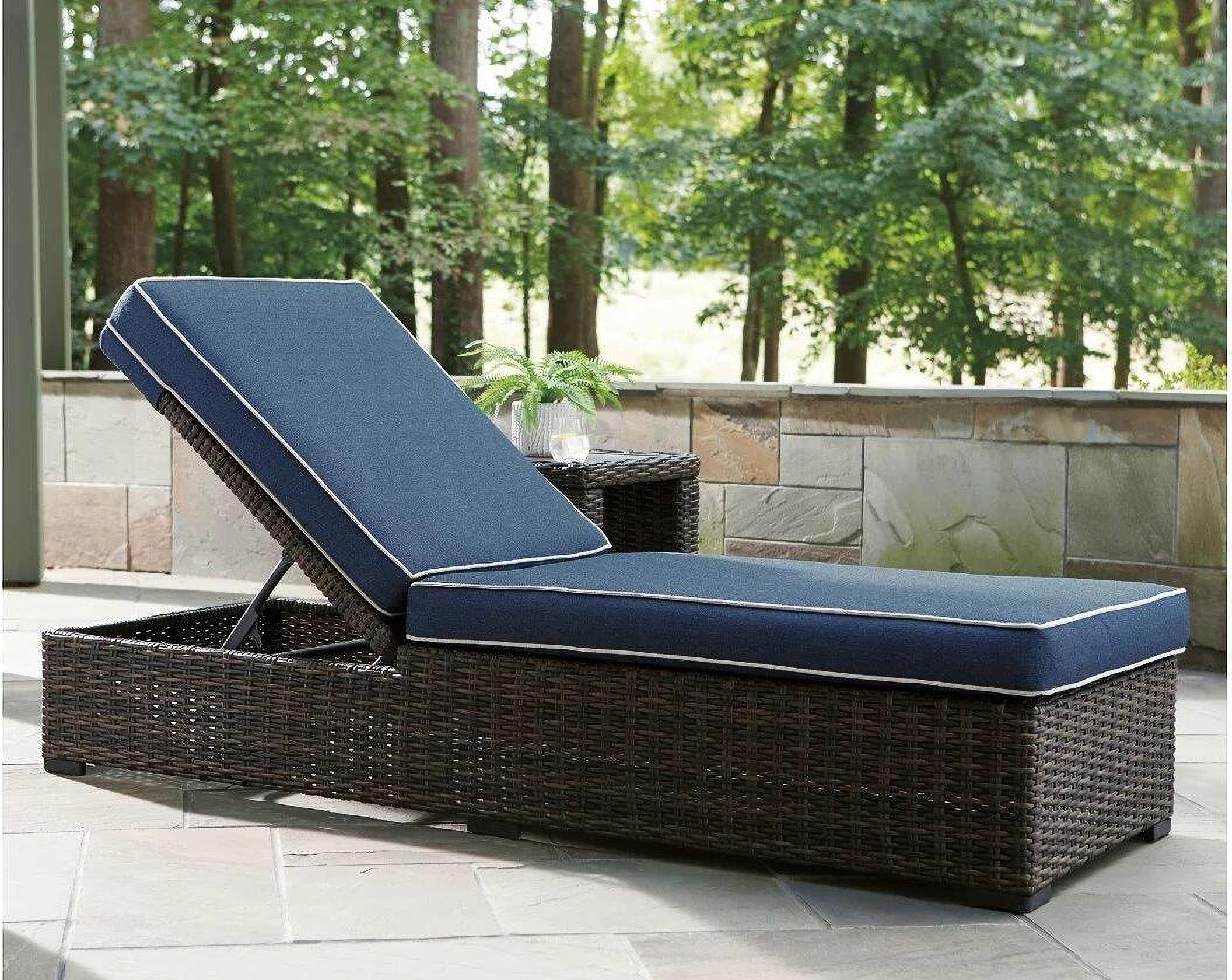 Grasson Lane Brown And Blue Outdoor Chaise Lounger With Cushion 1stopbedrooms