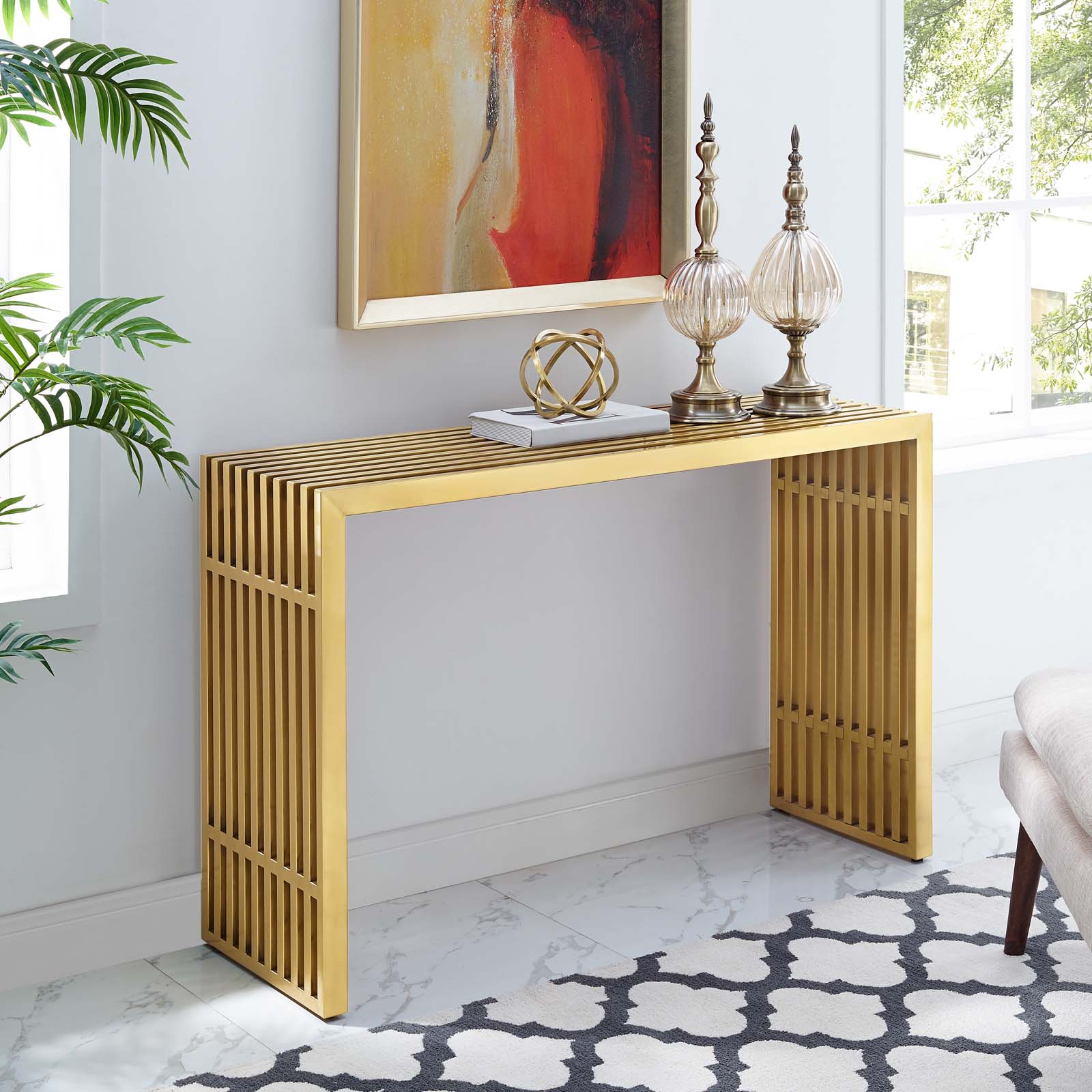 Gridiron Gold Stainless Steel Console Table EEI3036GLD 1StopBedrooms.