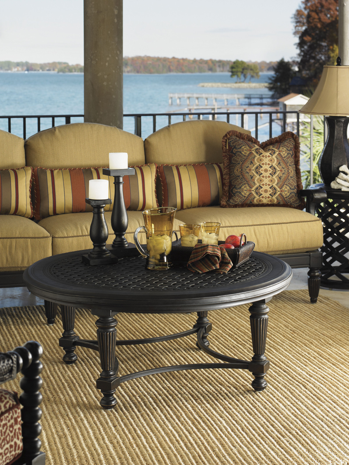 tommy bahama outdoor living del mar two piece outdoor curved sectional sofa on Kingstown Sedona Round Cocktail Table 1stopbedrooms