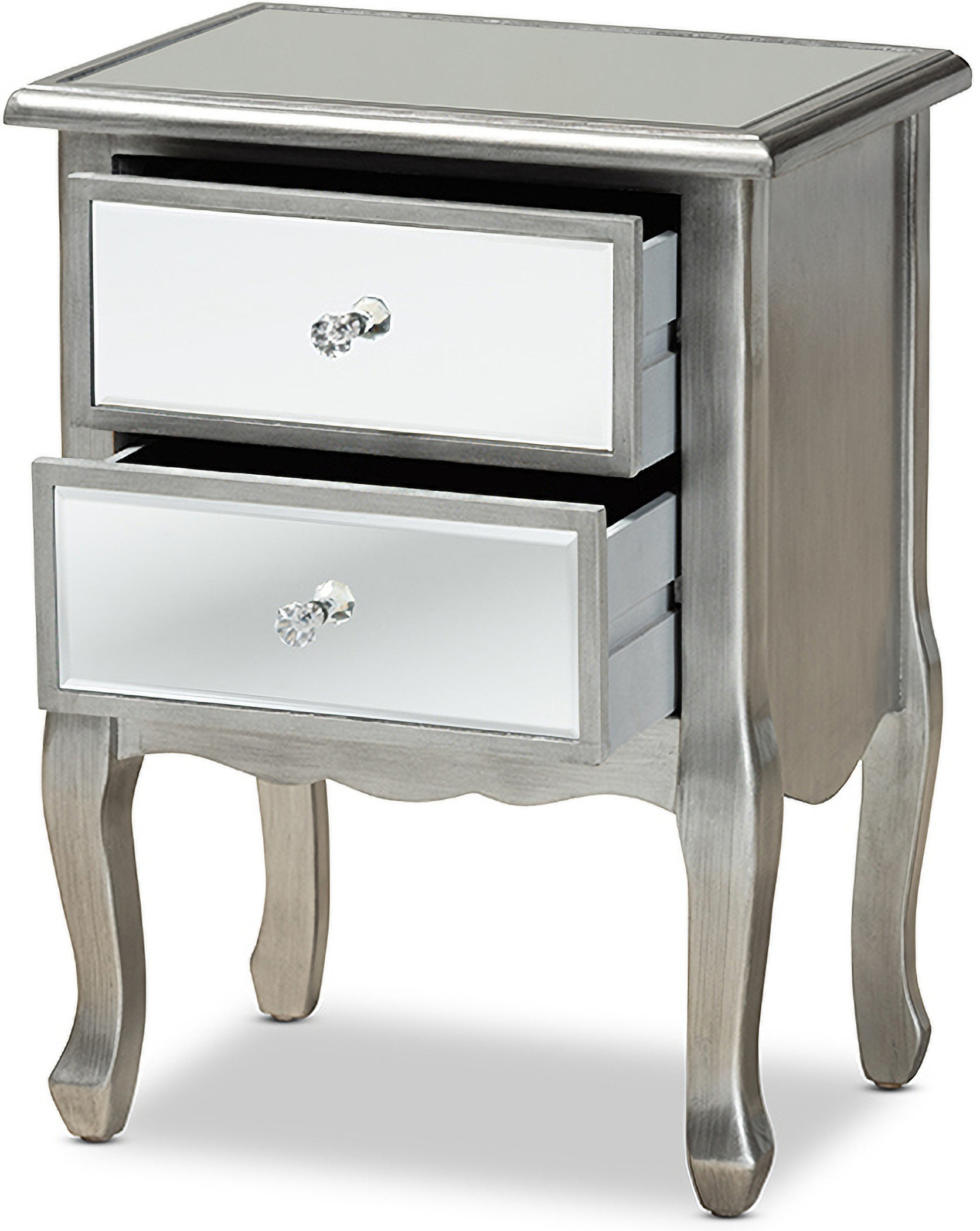 Leonie Modern Transitional French Brushed Silver Finished Wood And Mirrored Glass 2 Drawer Nightstand 1stopbedrooms