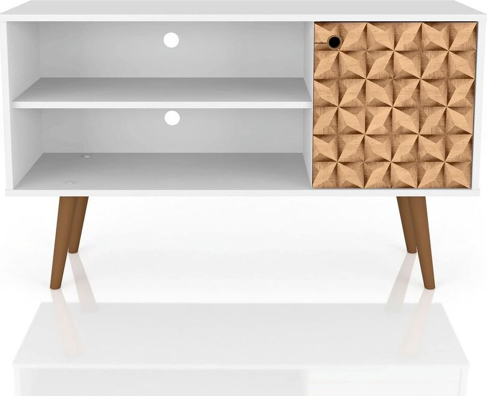 liberty 42 52 inch mid century modern tv stand with 2 shelves and 1 door in white and 3d 1stopbedrooms