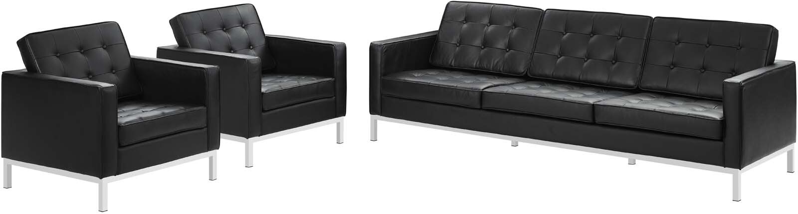 Loft Black 3 Piece Leather Sofa And Arm Chair Set Eei 3102 Blk Set