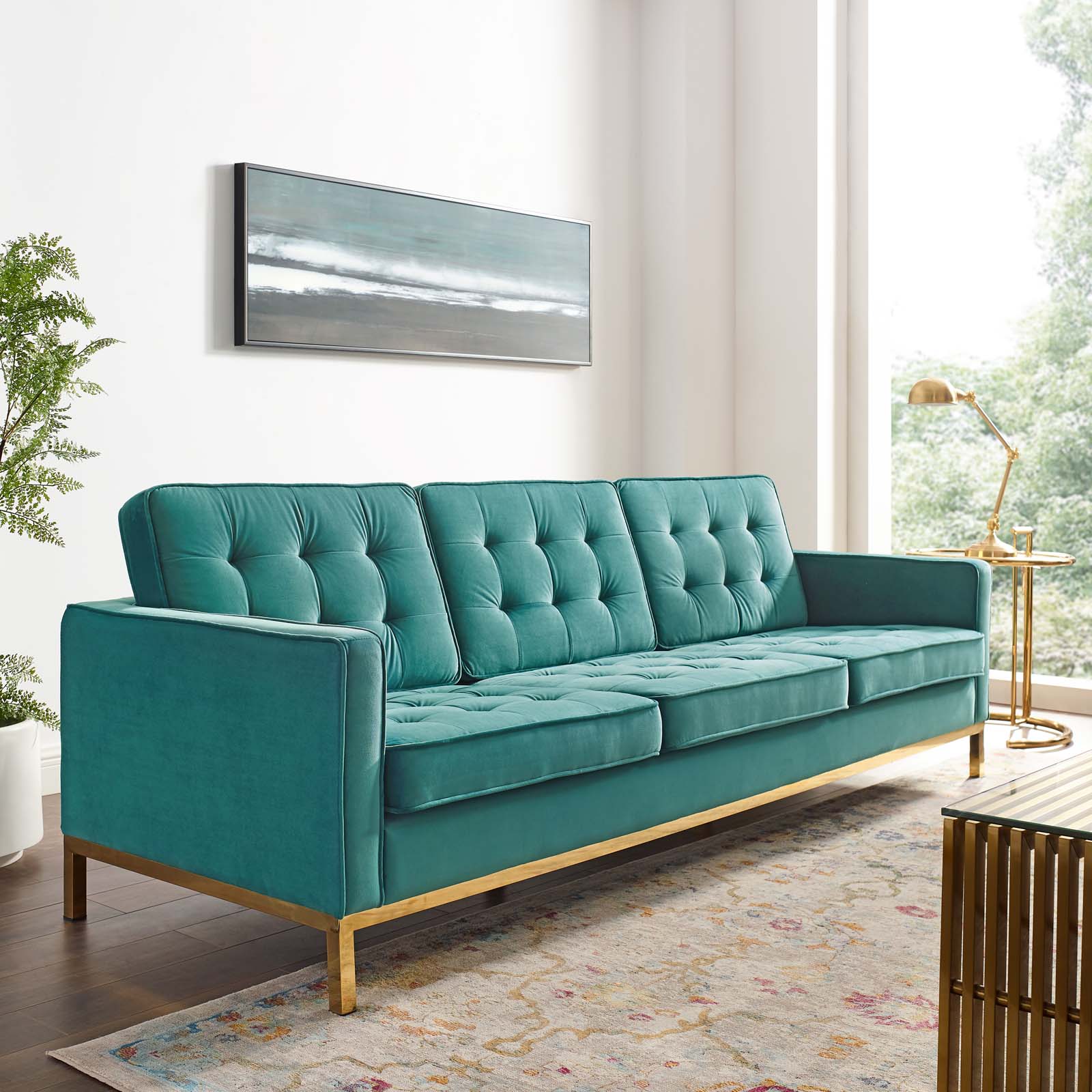 Loft Gold Teal Gold Stainless Steel Leg Performance Velvet Sofa
